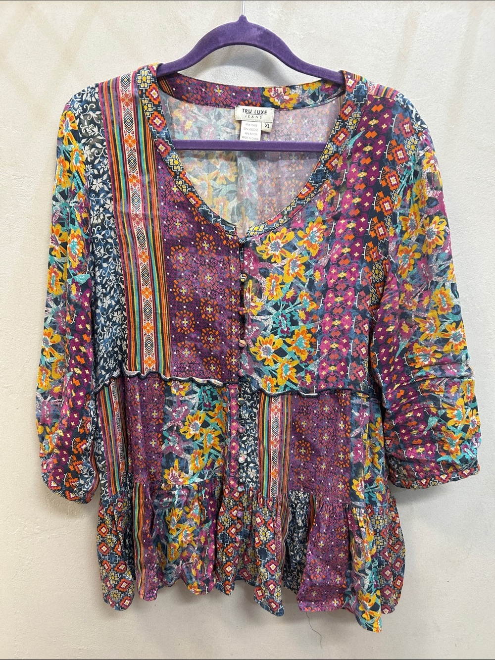 Floral Patchwork Peasant Blouse size 1X